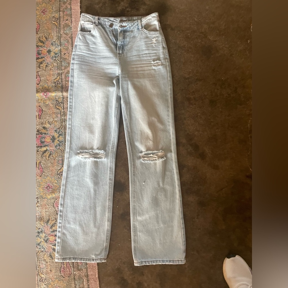 Gianni Bini Asymmetrical Waist Distressed Straight Wide Leg Jean. WORN ONCE